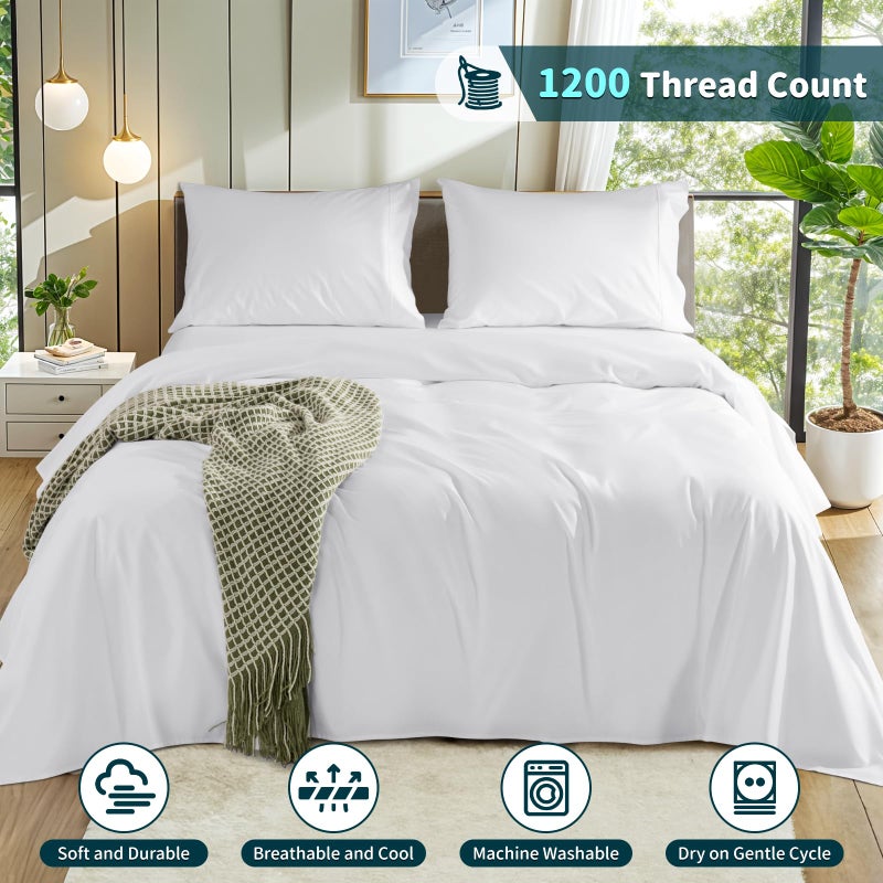 LBRO2M 100% Cotton 1200 Thread Count Queen Size Sheets Set 16 inches Deep Pocket Bed Sheet 4 Piece Sets (White  Queen) - Image 4